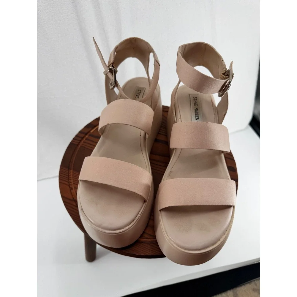 Steve Madden Bay Bay Leather Platform Wedge Sandals Cream 7M Y2K Chunky Bratz